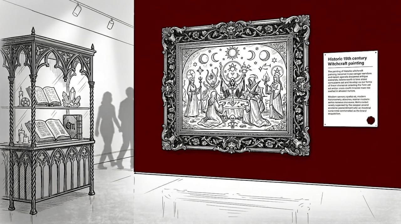 Historic witchcraft painting in museum gallery