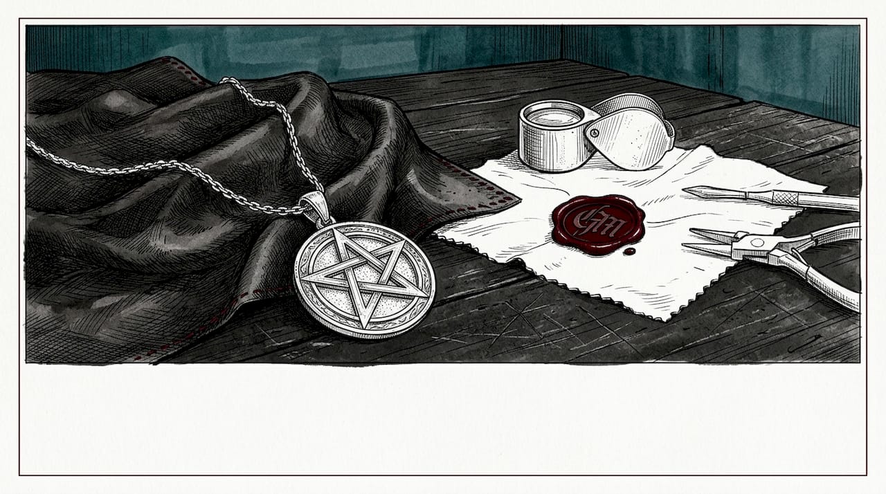 Silver pentacle necklace on black velvet cushion