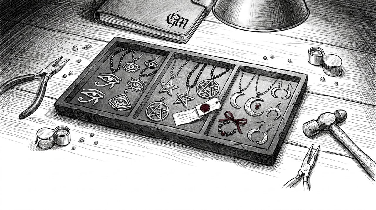 Close-up of categorized occult jewelry on display tray