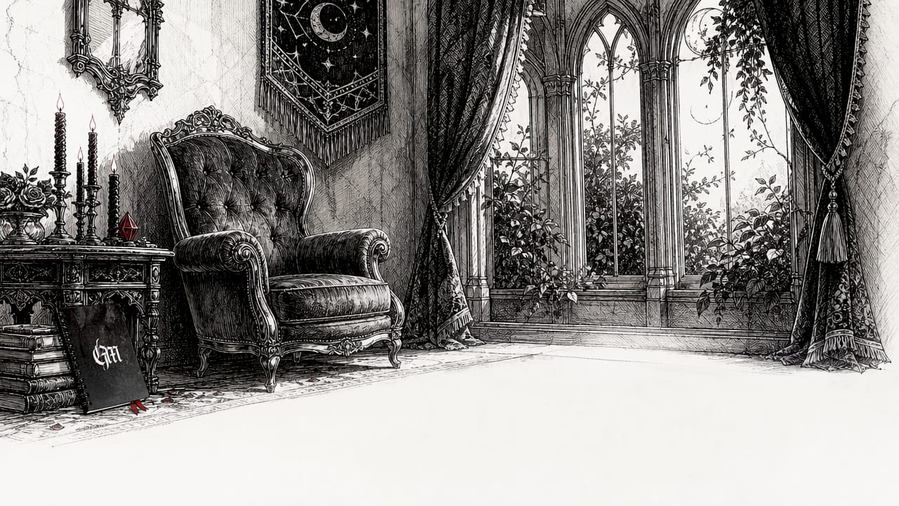 Moody gothic room with velvet settee and plants