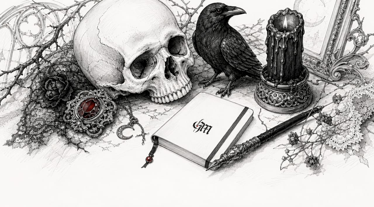 Gothic horror motifs arranged on wood table