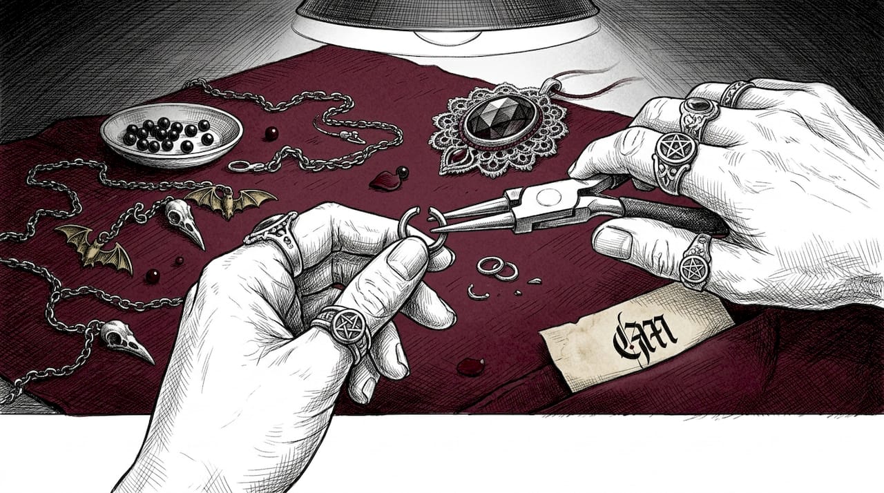 Close-up hands using pliers on gothic jewelry materials