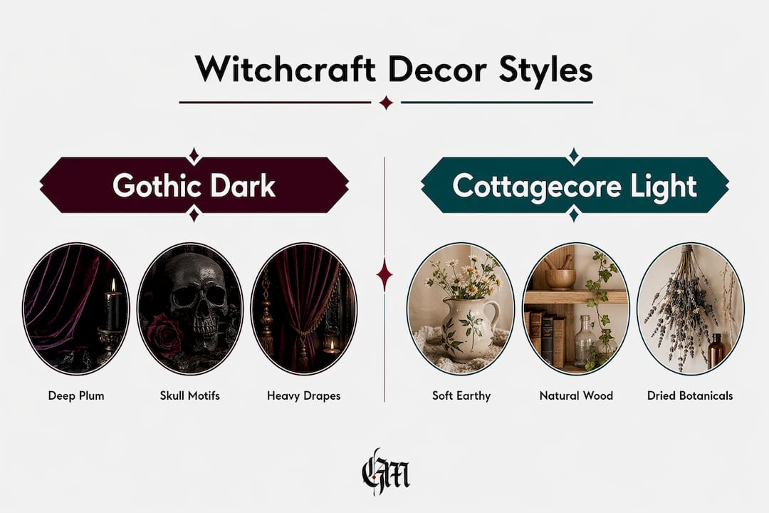 Infographic comparing gothic dark and cottagecore light witchcraft decor