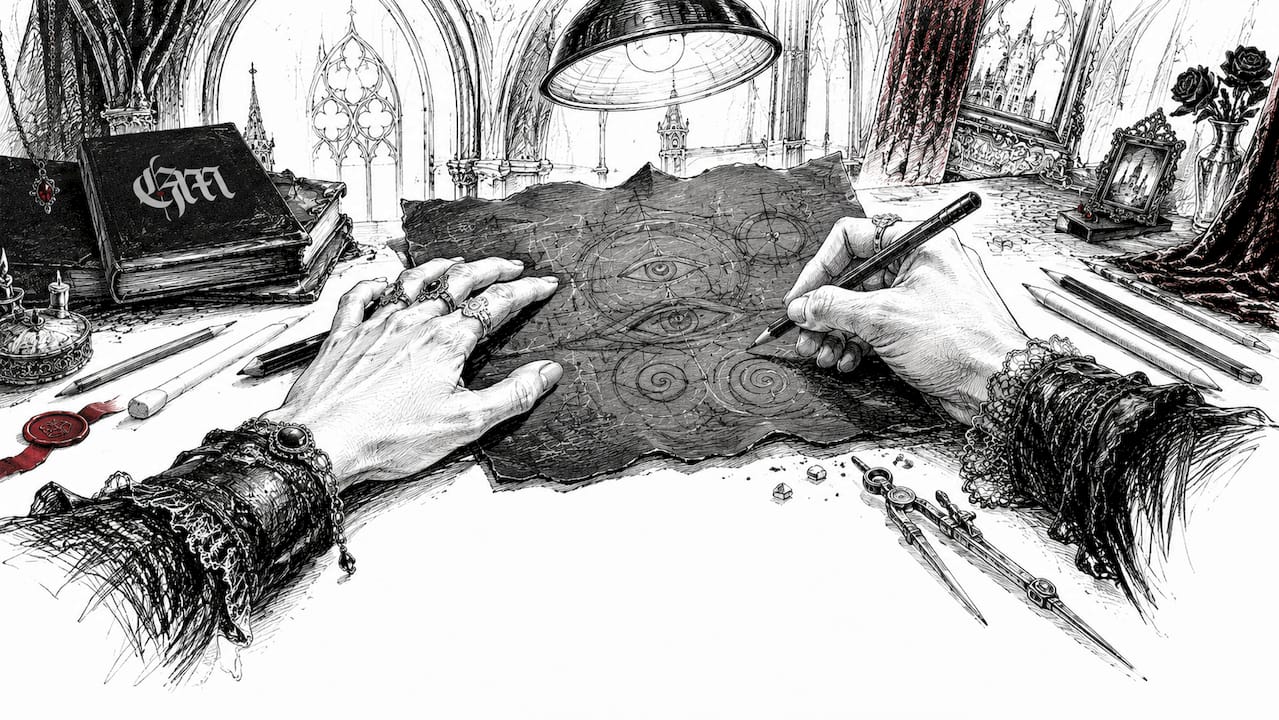 Hands sketching mystical art symbols on parchment