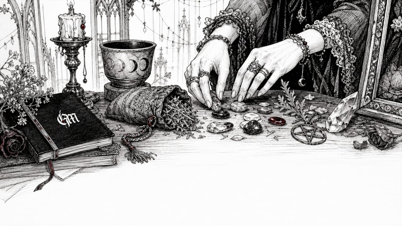 Hands holding handmade occult ritual tools on altar