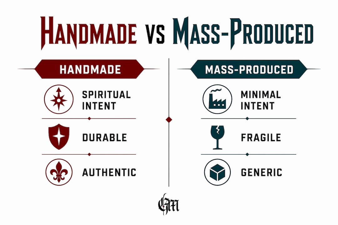 Infographic comparing handmade and mass-produced occult items