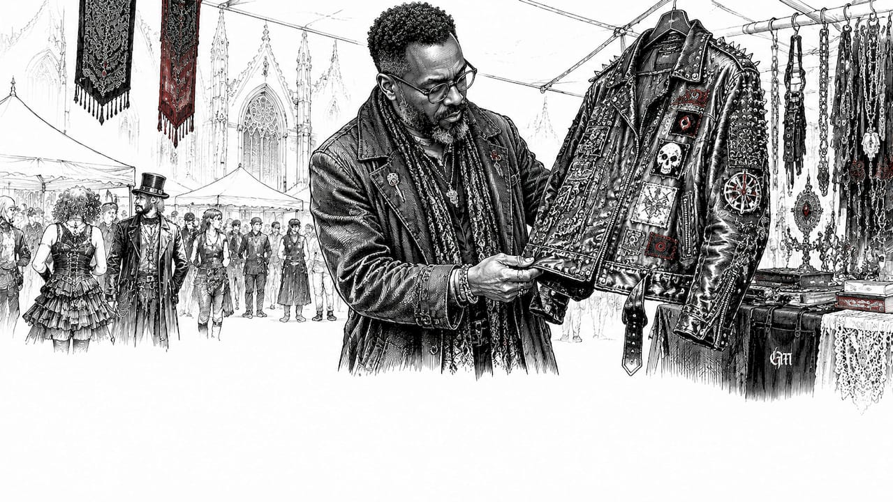 Man inspecting vintage alternative jacket indoors