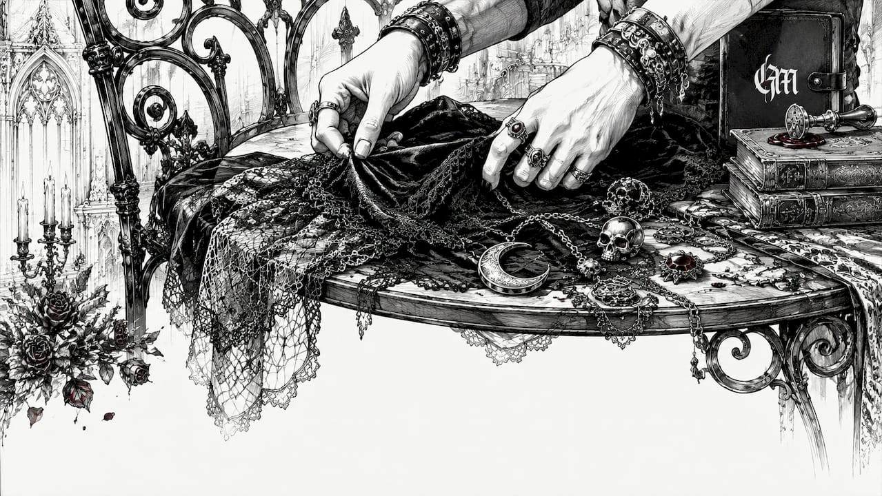 Hands arranging trad goth fabrics and silver jewelry