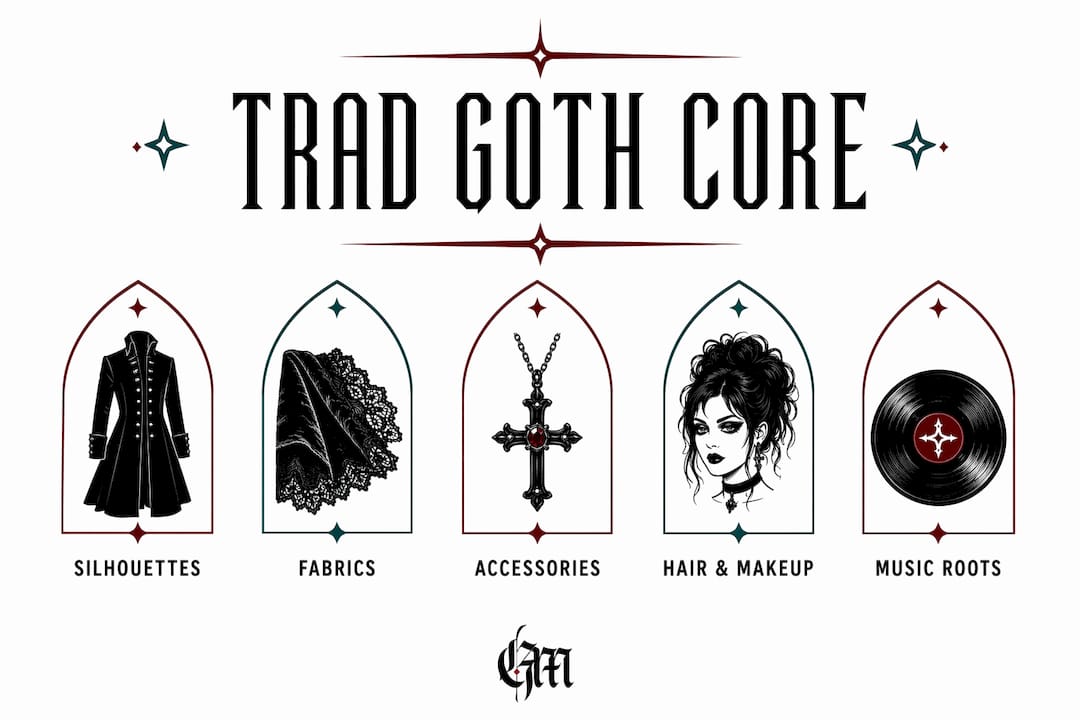 Infographic showing trad goth fashion key elements hierarchy