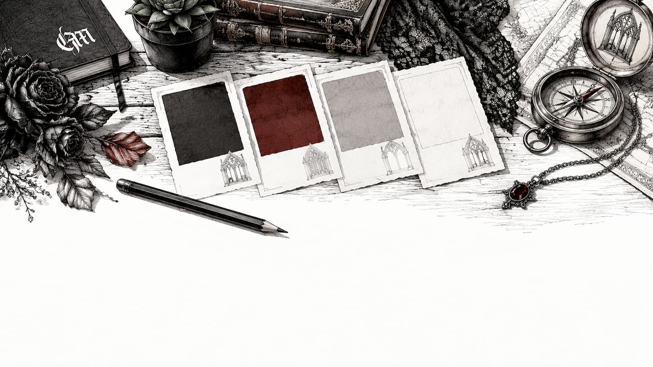 Flat lay of gothic color palette swatches and props