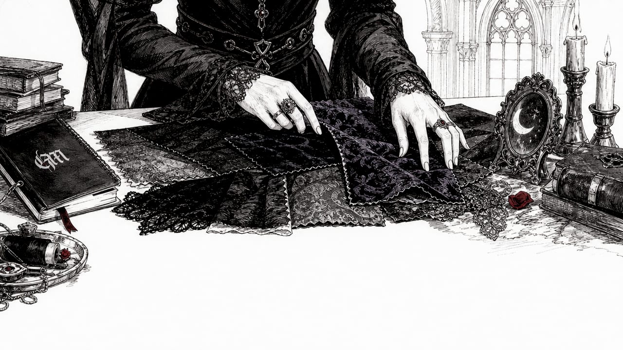 Hands holding medieval goth fabric samples close-up
