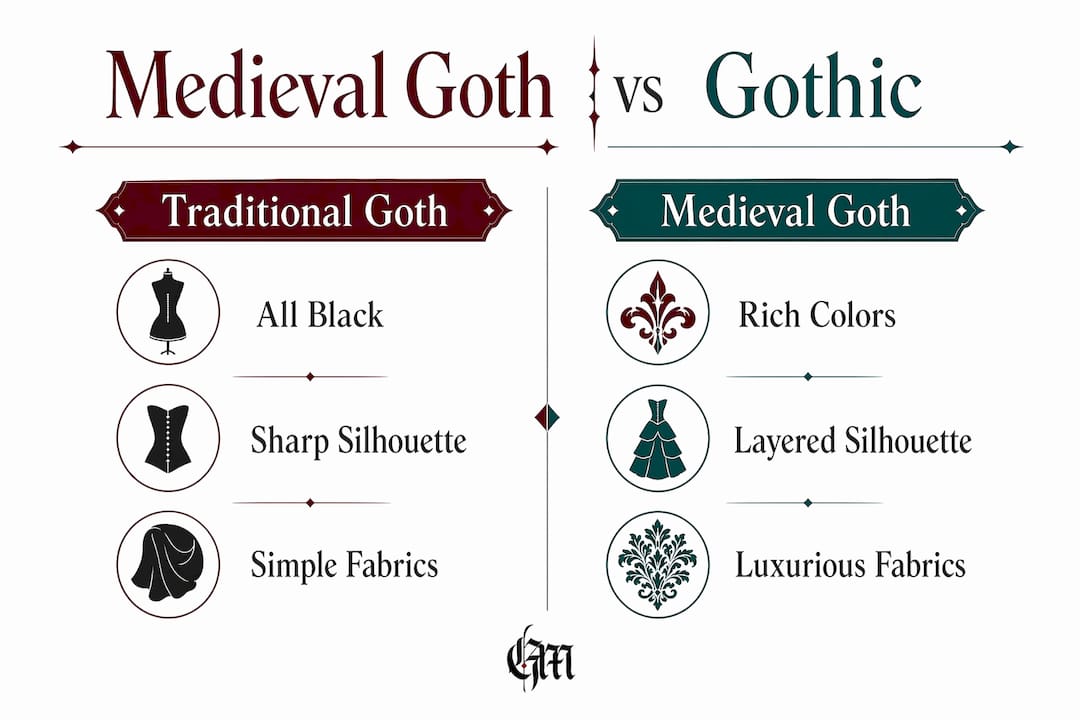 Infographic comparing medieval goth and traditional gothic fashion