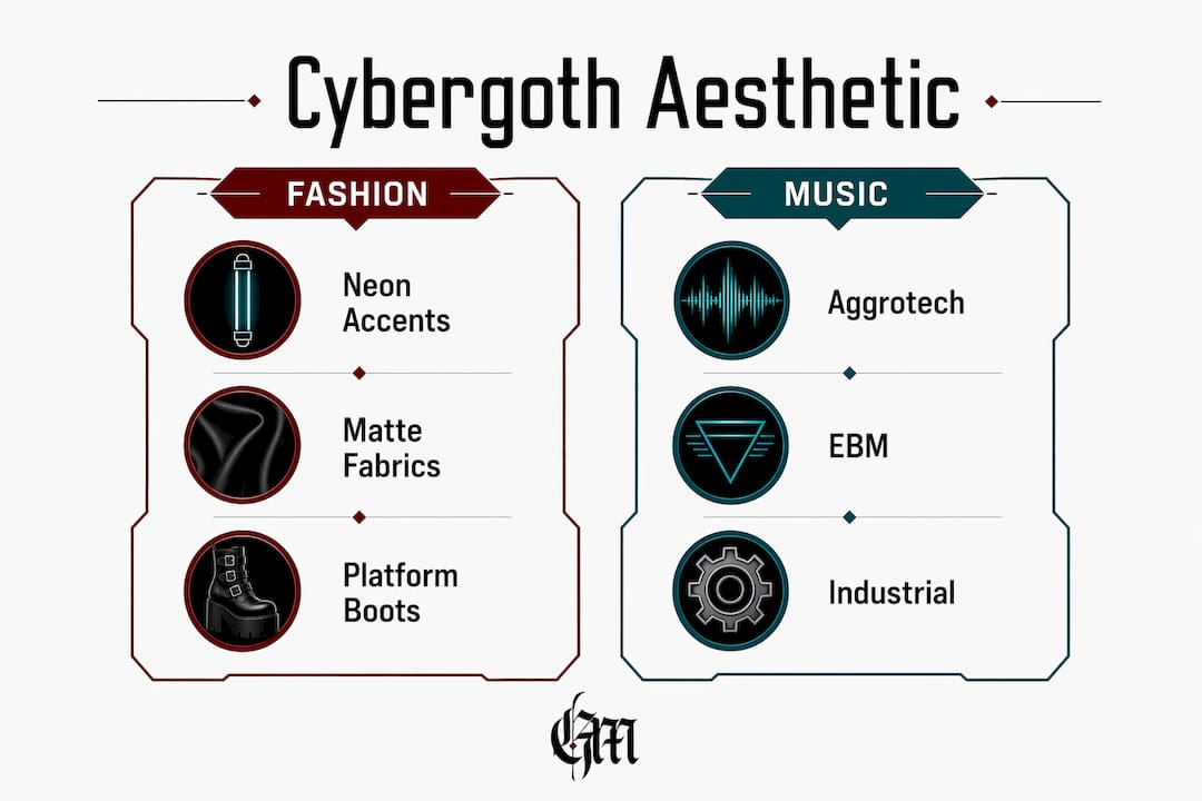 Infographic comparing cybergoth fashion and music