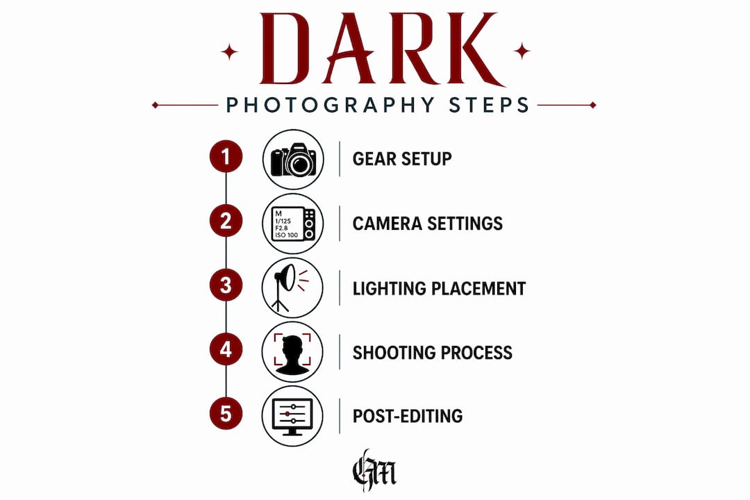 Infographic illustrating steps for dark aesthetic photography