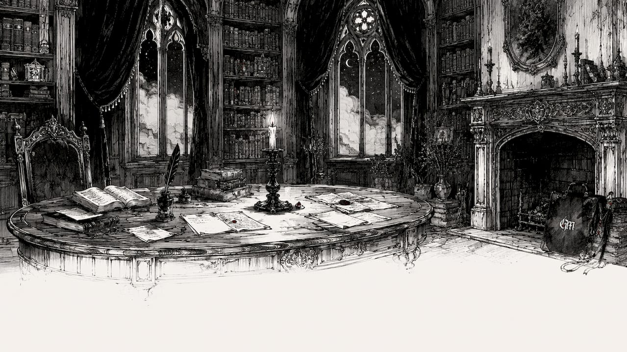 Victorian Gothic study room at night