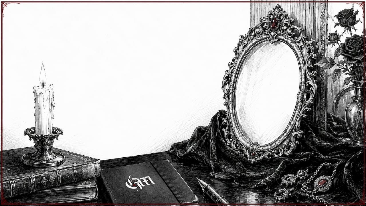Ink sketch of gothic art frame with candle and lace background