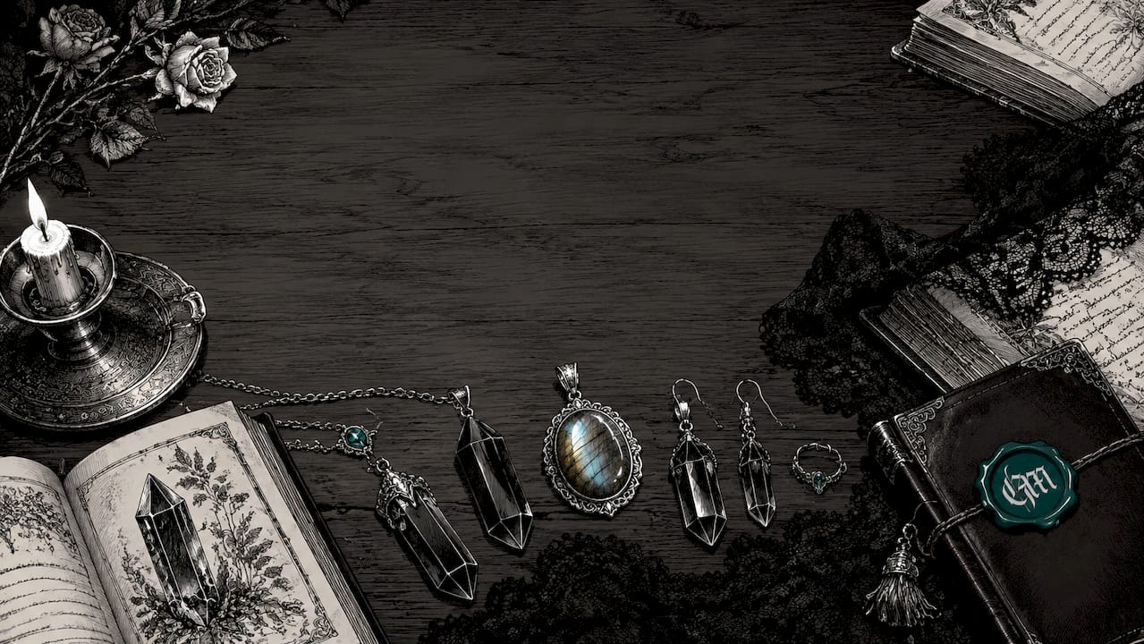 Sketch of black crystals and gothic study objects on wood desk