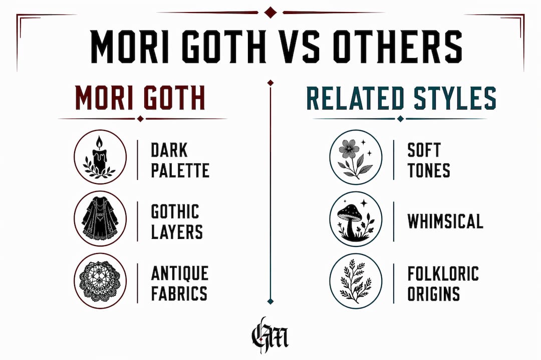 Infographic comparing Mori Goth and related styles