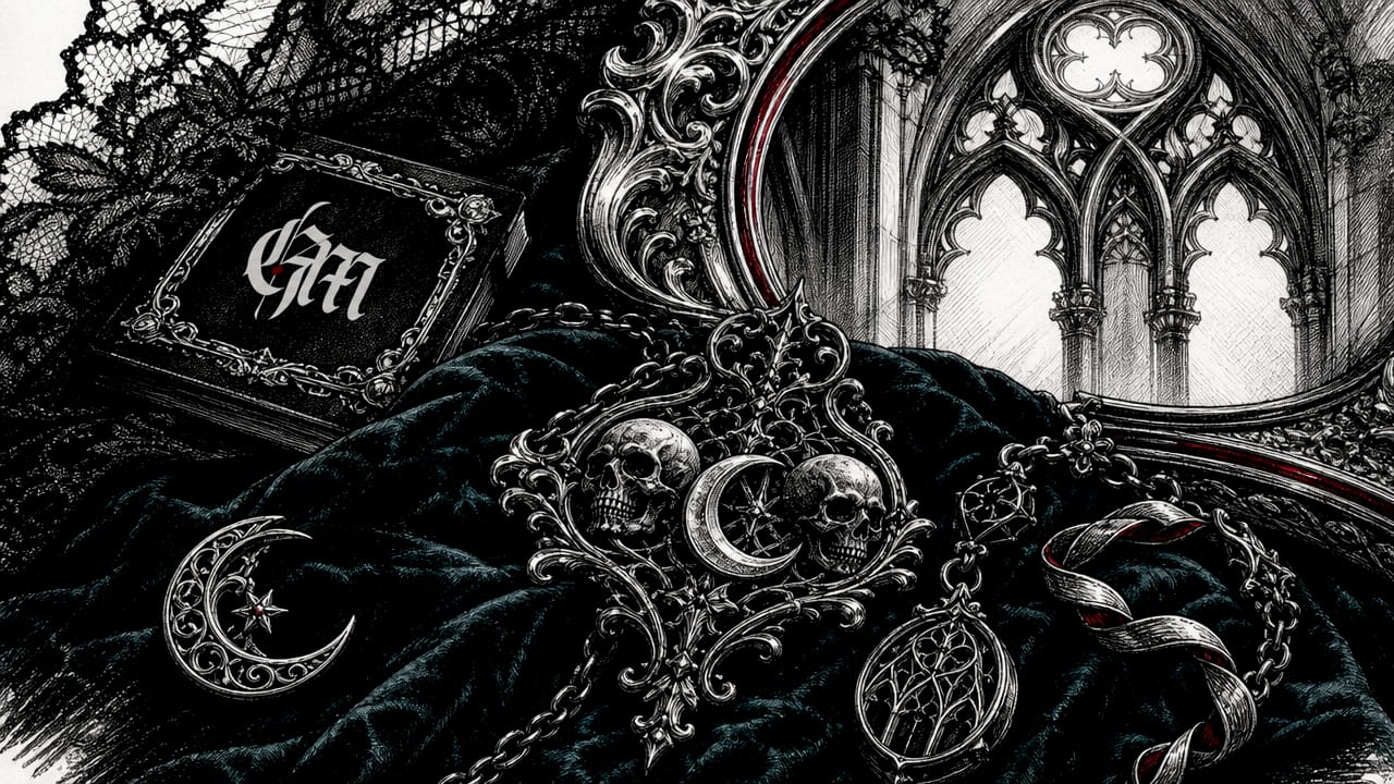 Close-up ink sketch of oxidized silver gothic motifs