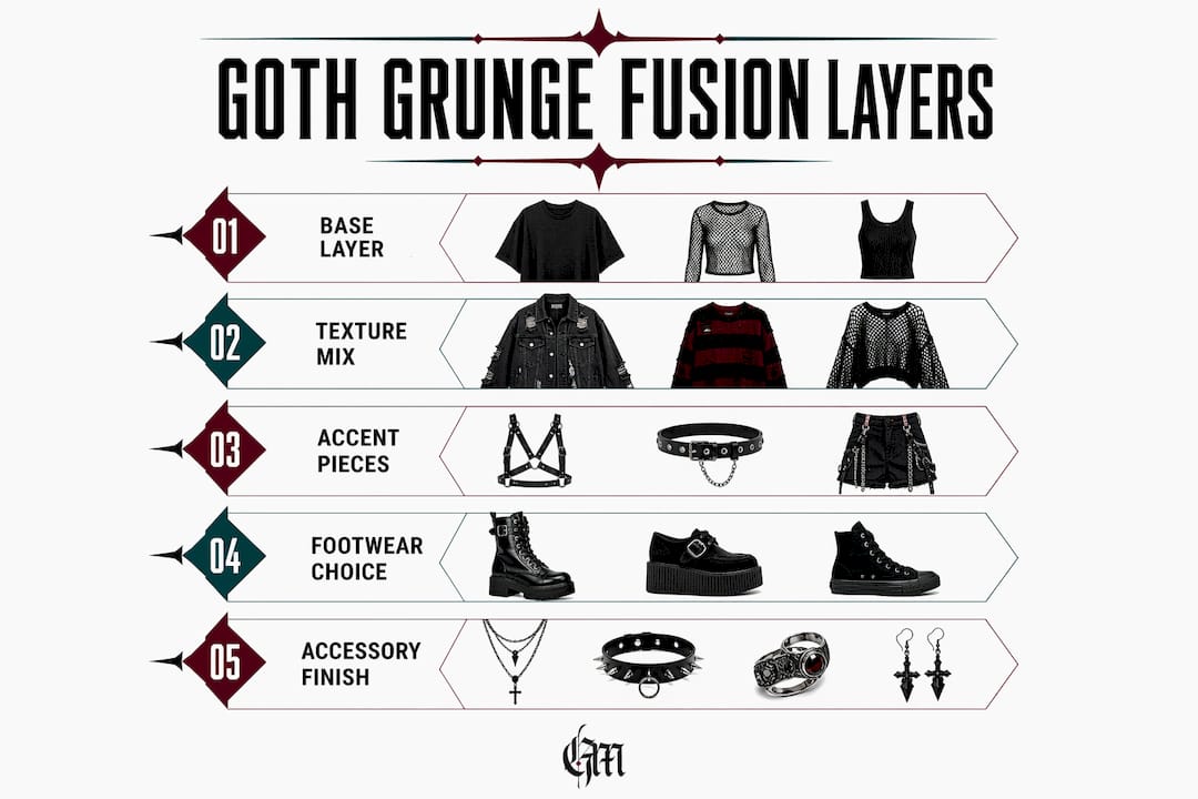 Infographic showing goth grunge fusion layering steps