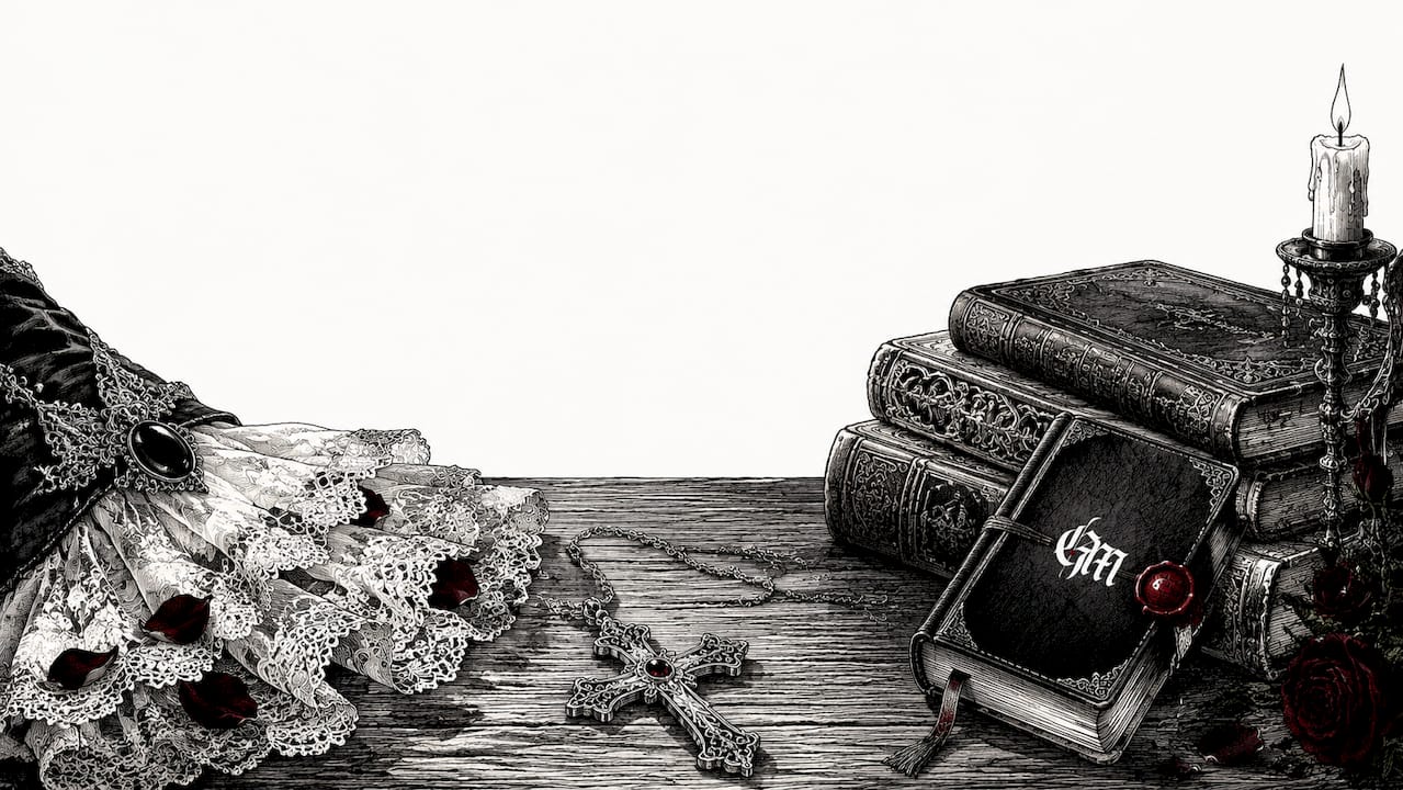 Close-up of aristocrat goth accessories and books
