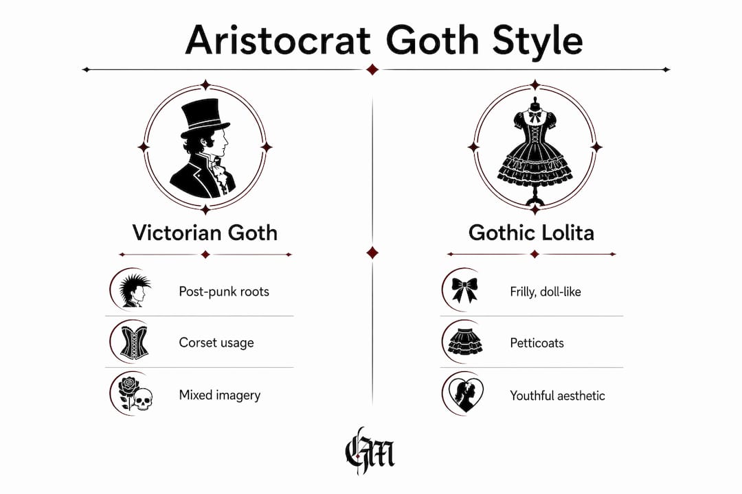 Infographic comparing aristocrat goth, Victorian goth, and Gothic Lolita styles