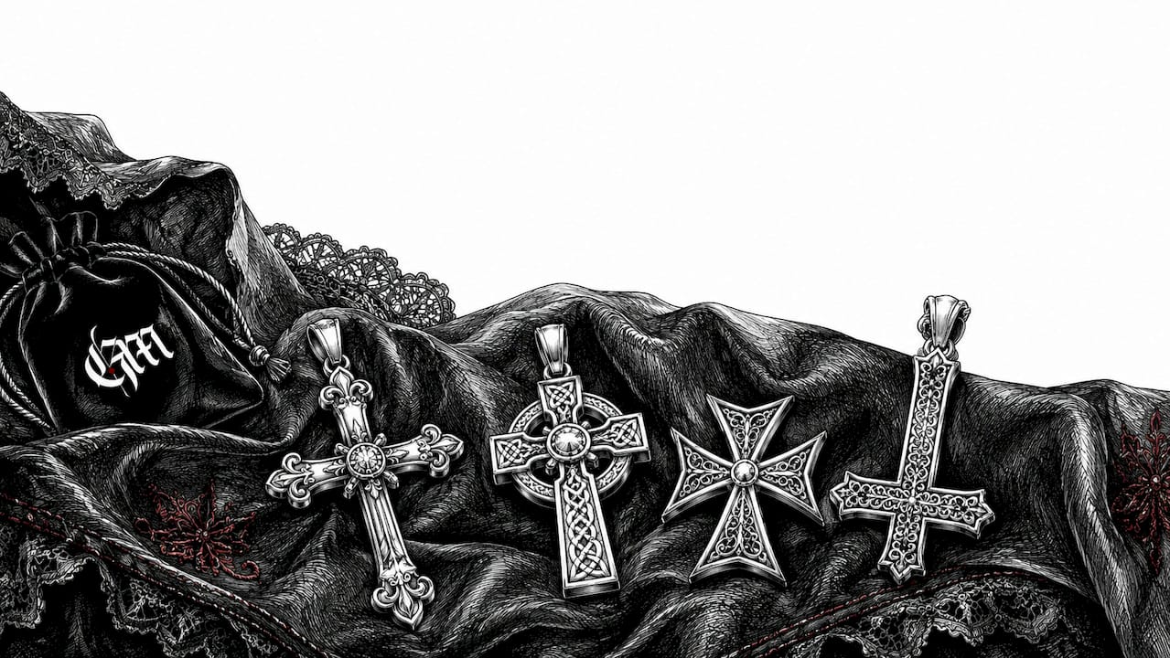 Detailed ink sketch of various gothic cross jewelry styles