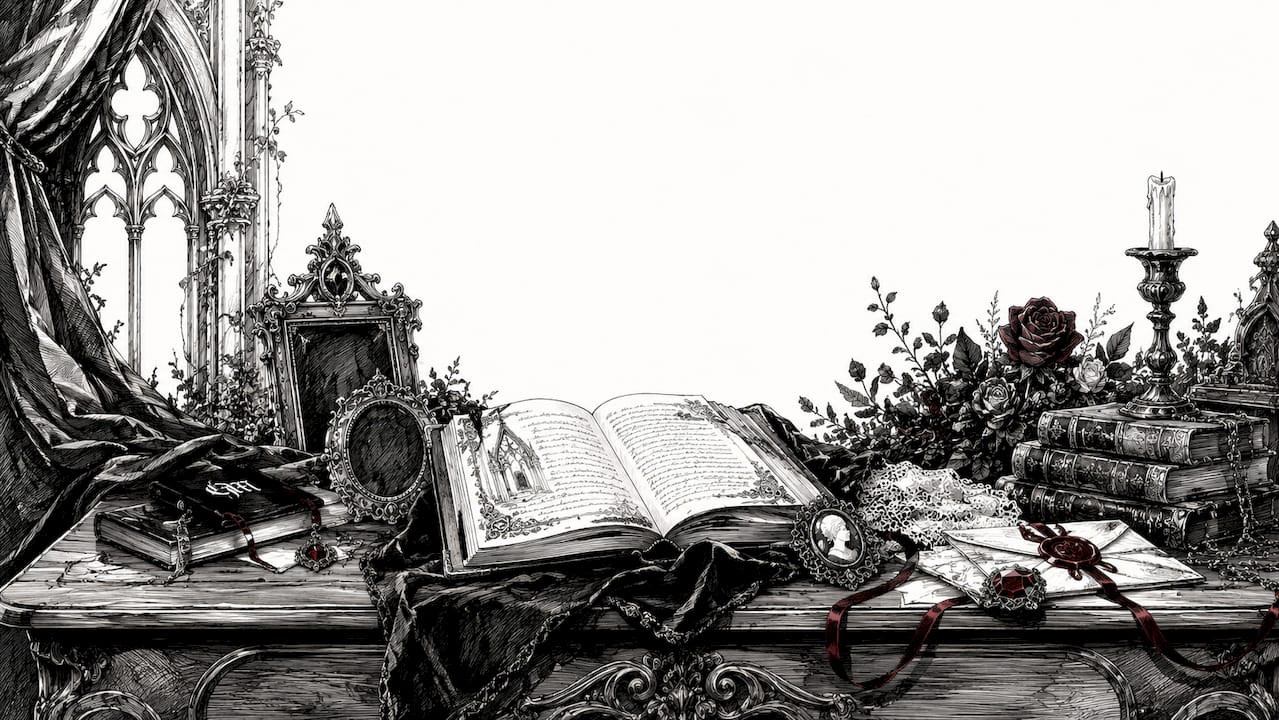 Close-up of gothic ledger and dark art collection elements