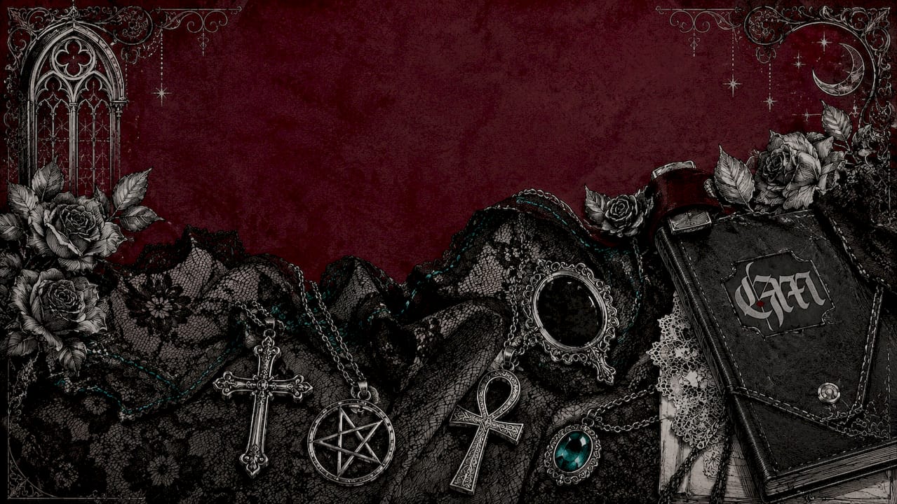 Flat lay sketch of gothic sigil jewelry and lace
