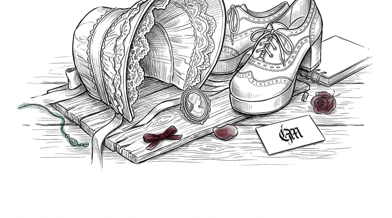 Ink sketch of Gothic Lolita accessories on white background