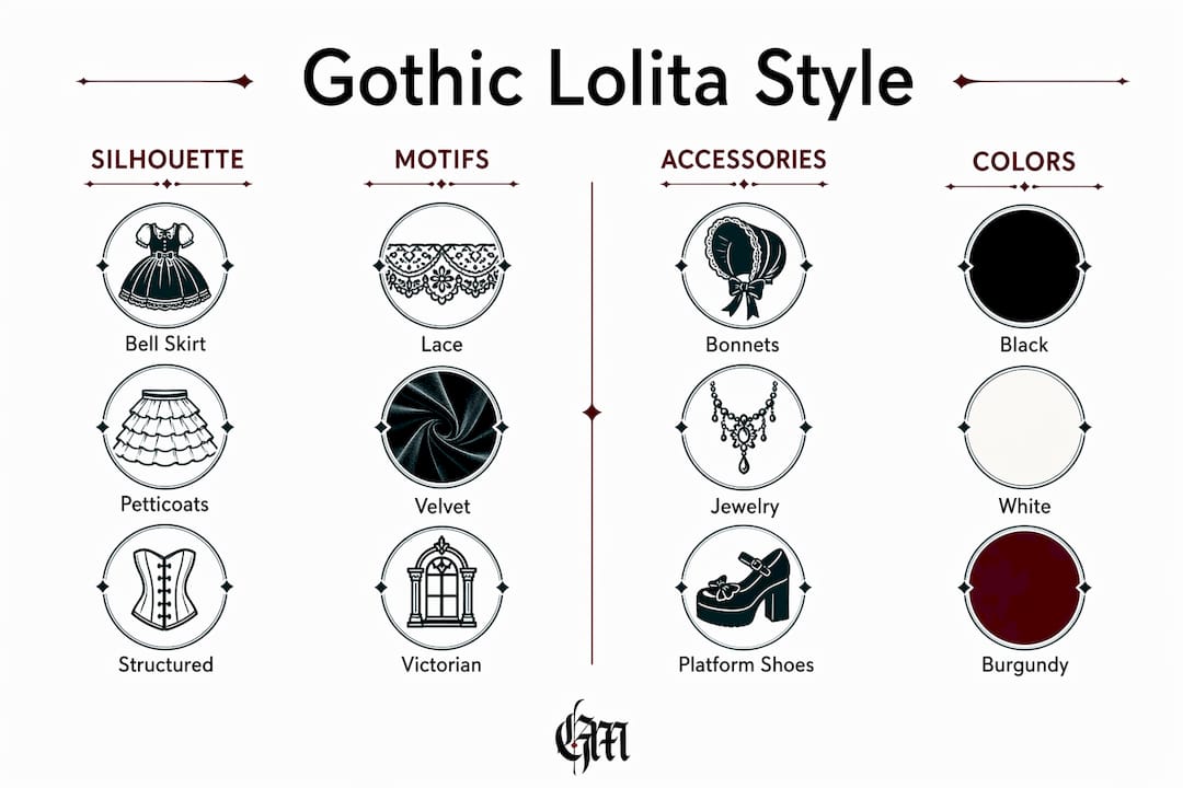 Infographic comparing Gothic Lolita style elements: silhouette, motifs, accessories, colors