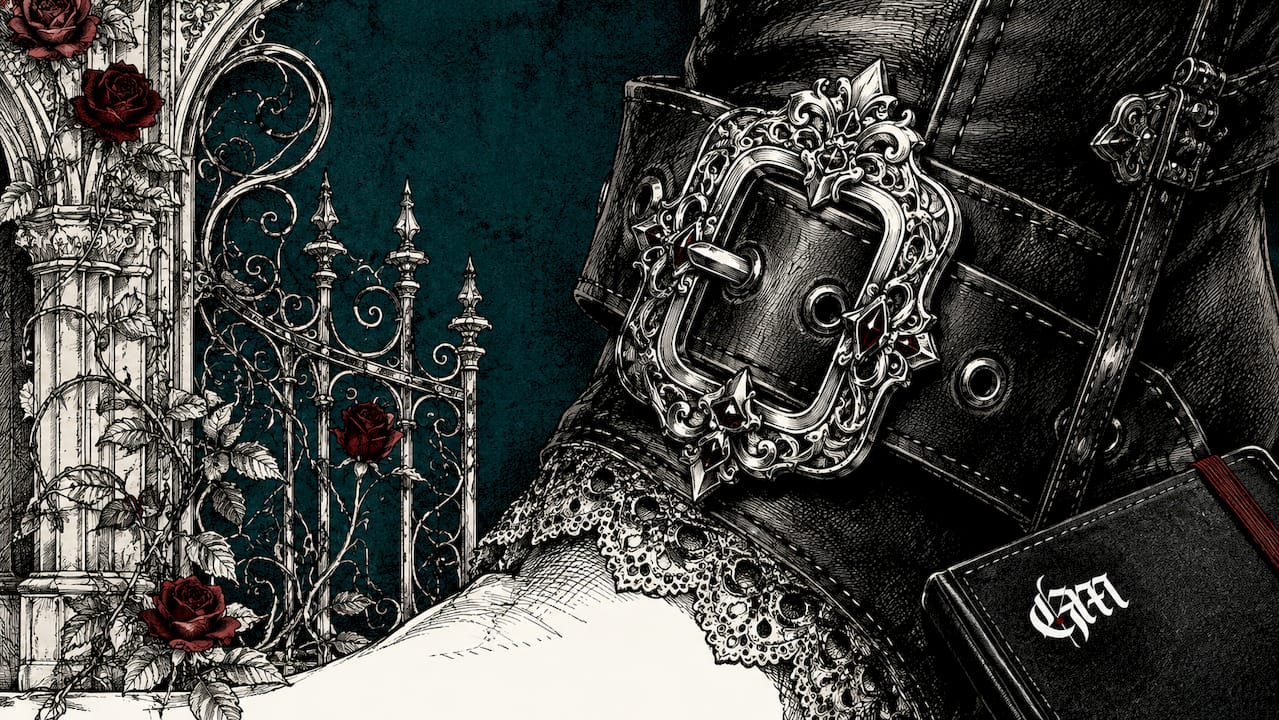 Detailed gothic boot hardware in pen and ink sketch