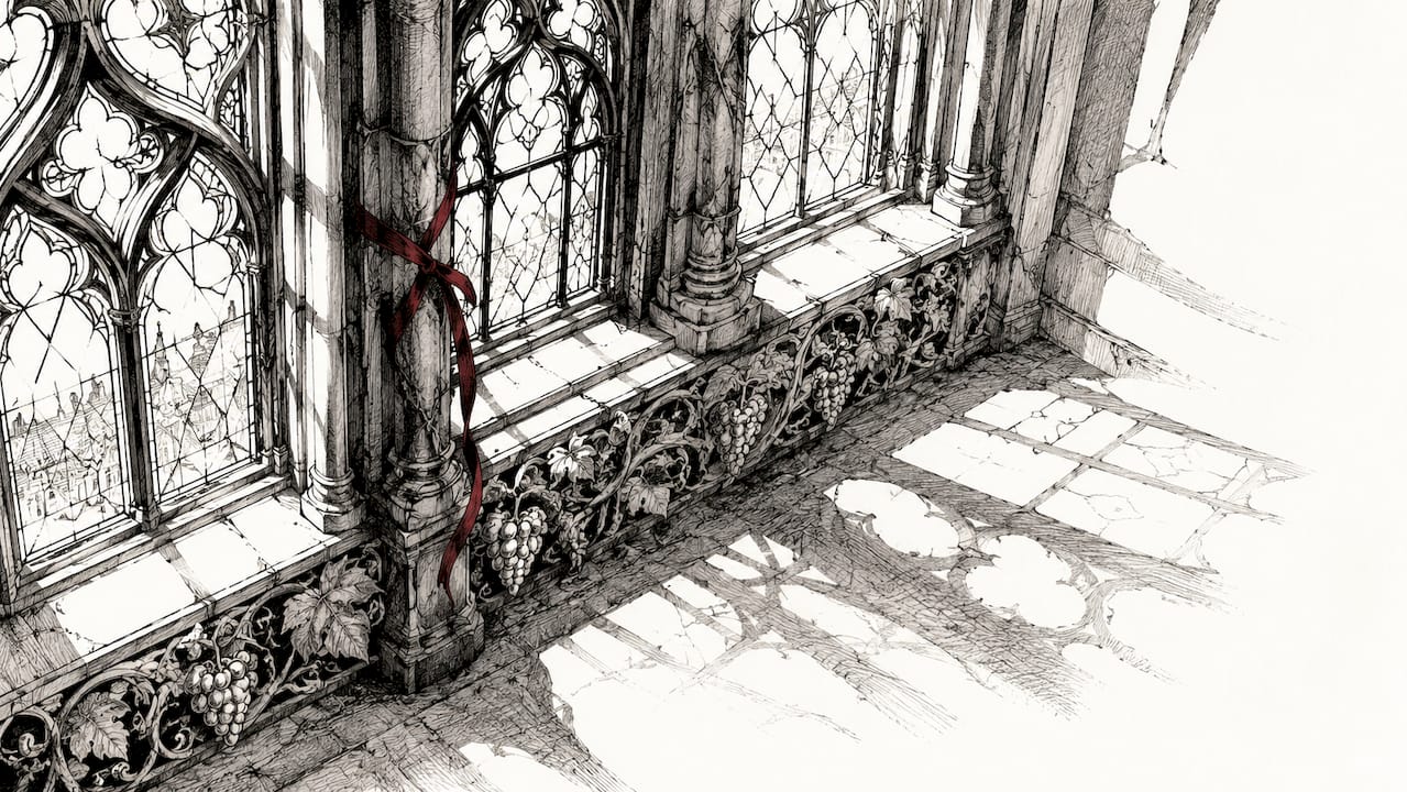 Gothic stained glass shadows and stone carvings