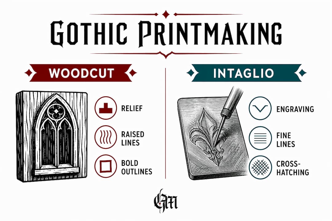 Infographic contrasting woodcut and intaglio gothic printmaking