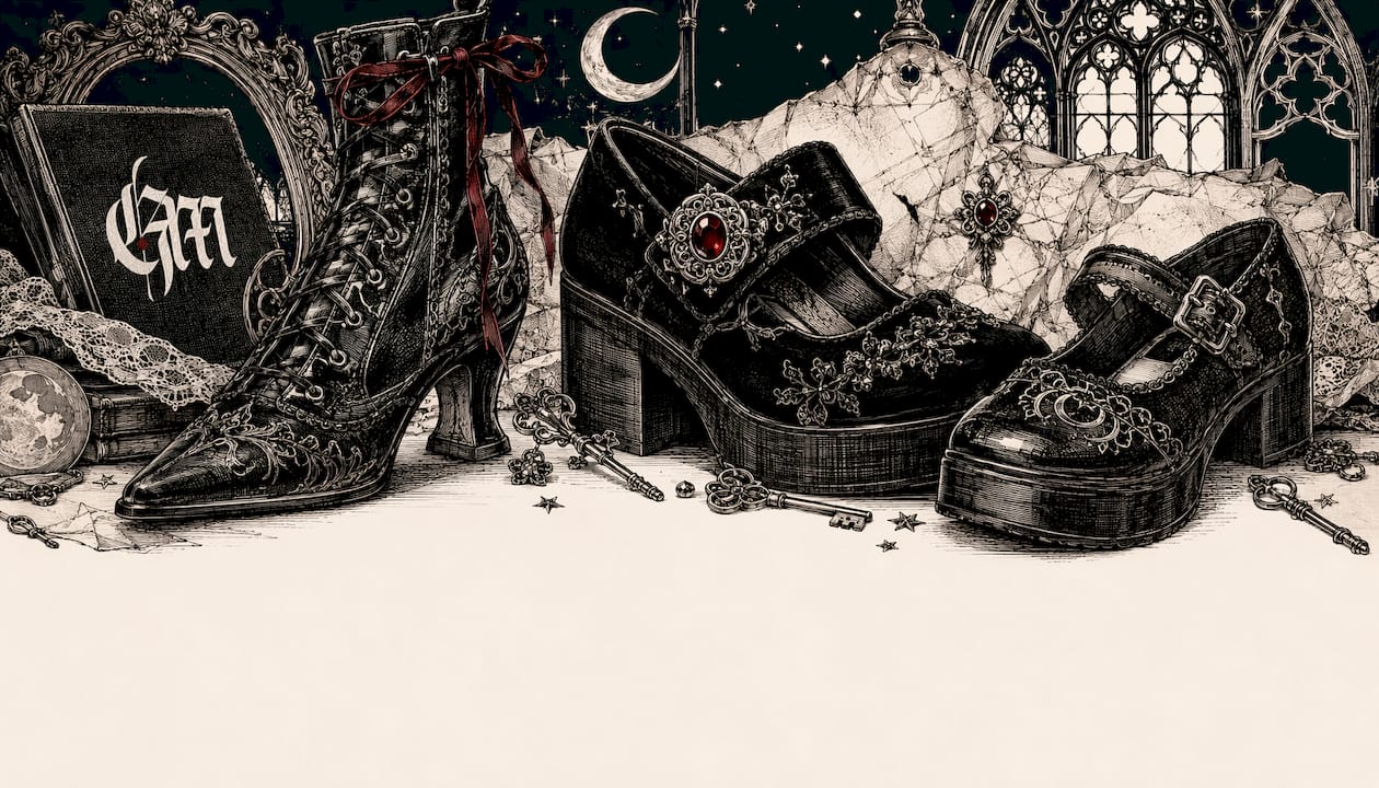 Pen and ink sketch of witchy boots and velvet shoes