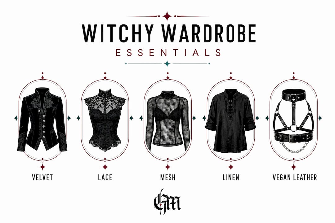 Infographic listing fabrics in witchy fashion wardrobe