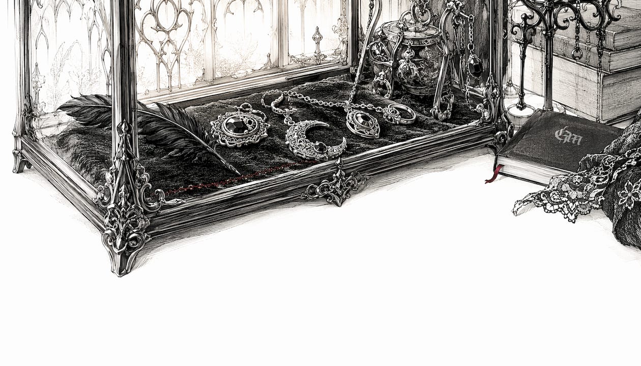 Close-up of antique silver gothic jewelry in velvet box