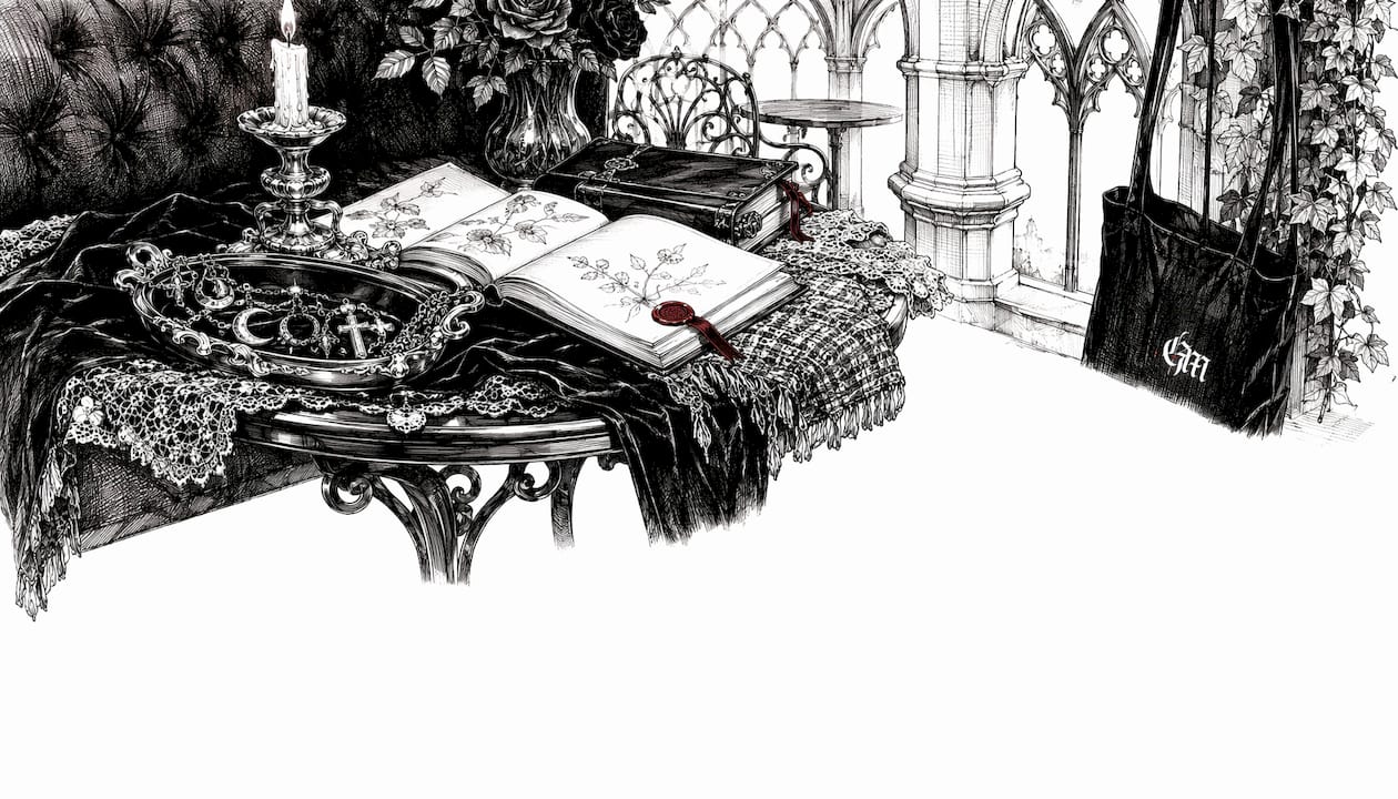 Velvet layering with gothic jewelry and fabrics sketch