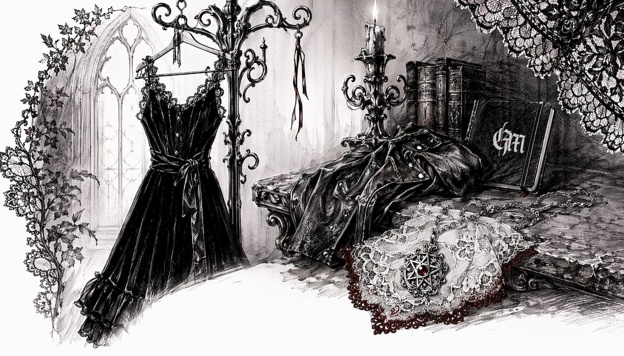 Velvet dress and gothic accessories layout sketch