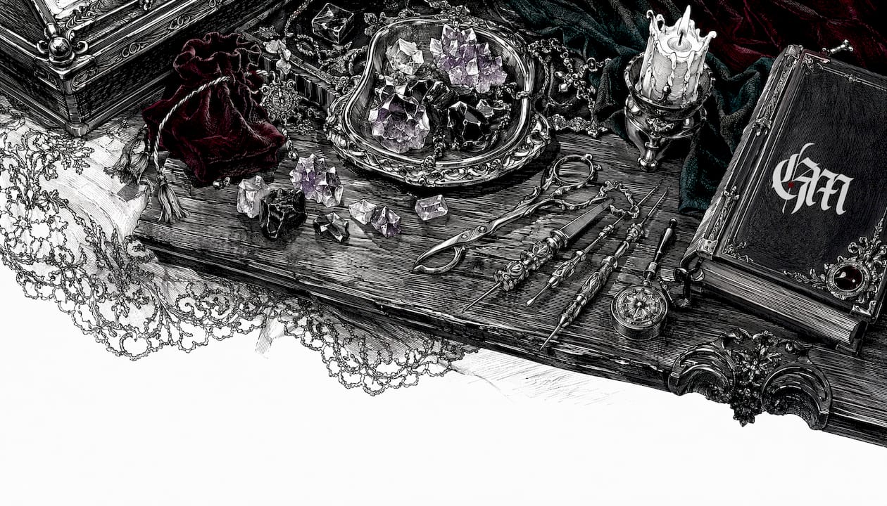 Close-up of stones and antique metal tools with lace