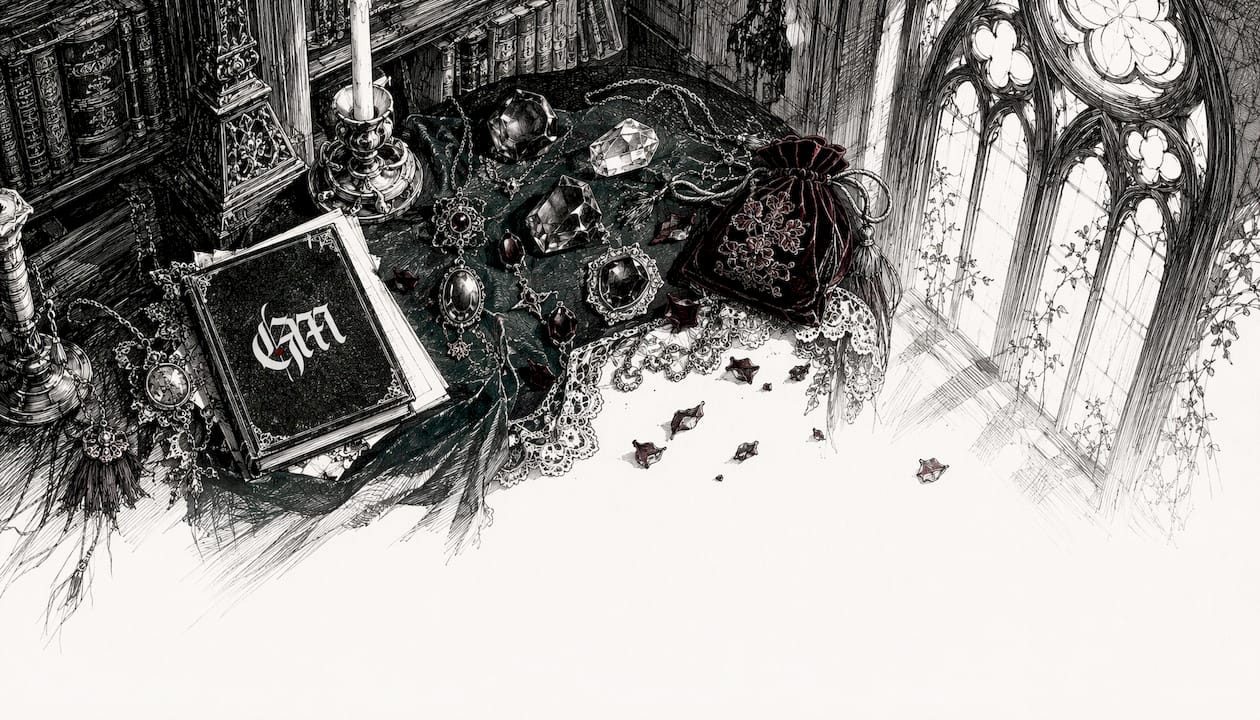 Pen and ink sketch of gemstones and silver occult jewelry on velvet