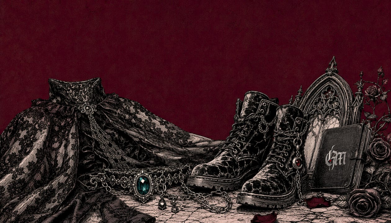 Flat lay sketch of gothic outfit textures