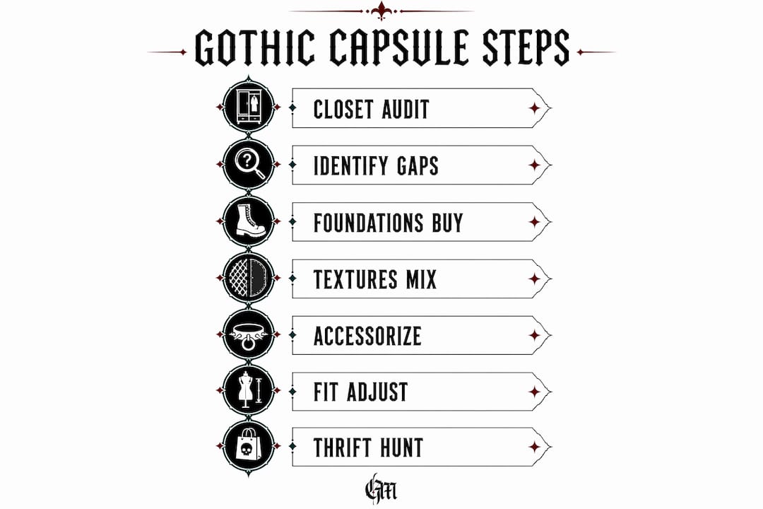 Infographic showing steps to build gothic capsule wardrobe