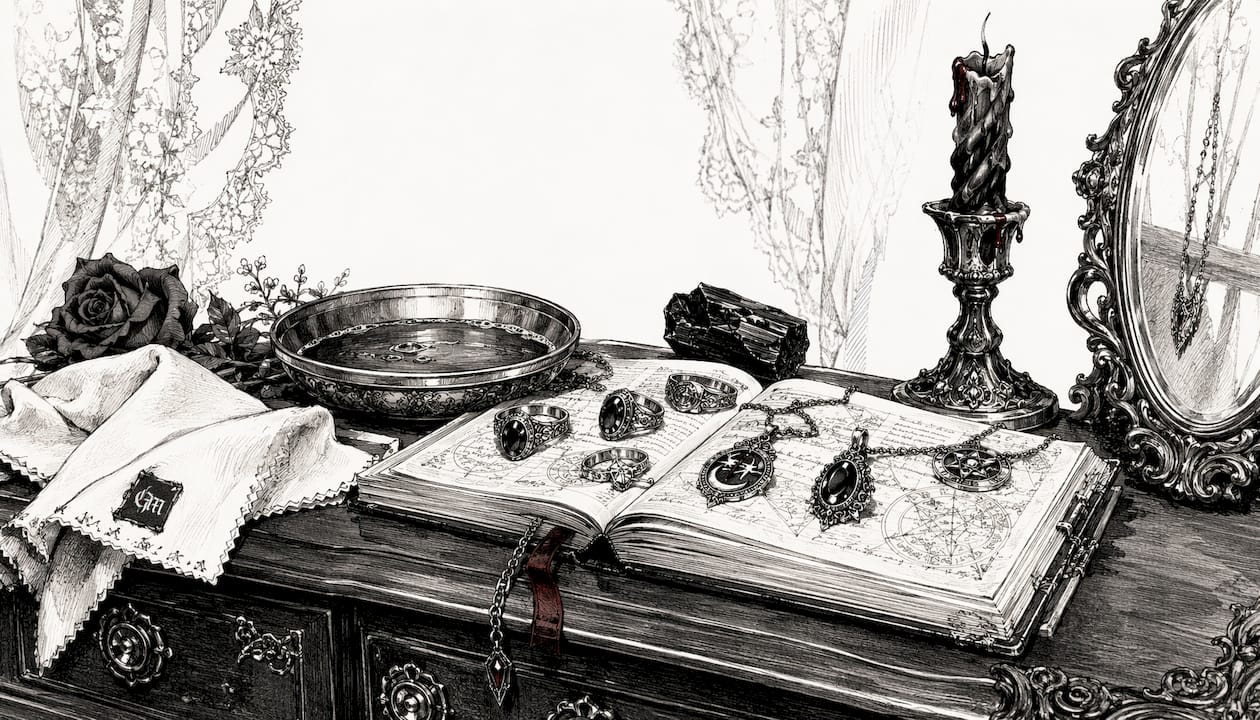Jewelry cleaning setup with silver occult pieces and tools