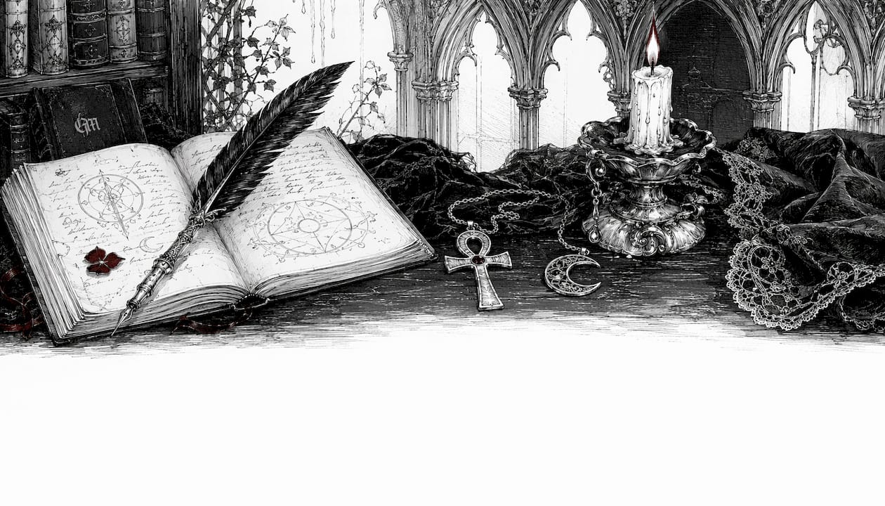 Desk close-up with occult symbols and jewelry
