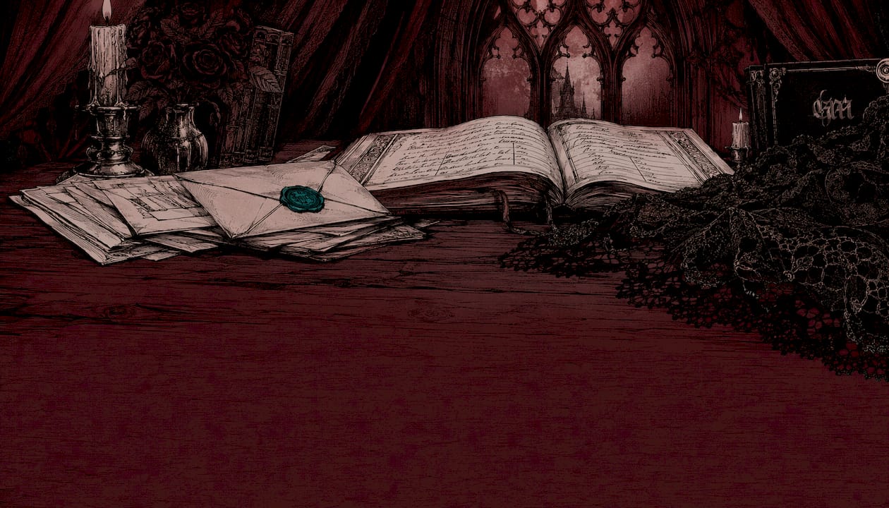 Ink sketch of conservation documents on gothic desk