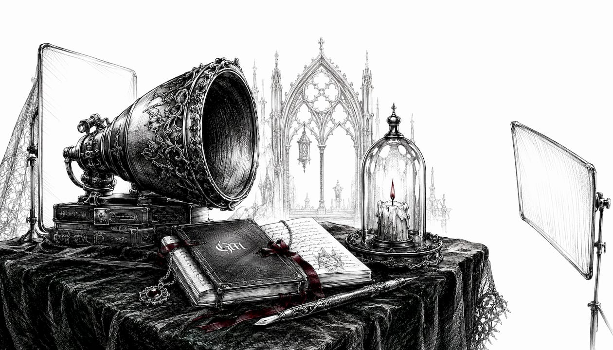 Close-up on gothic photography lighting gear and props