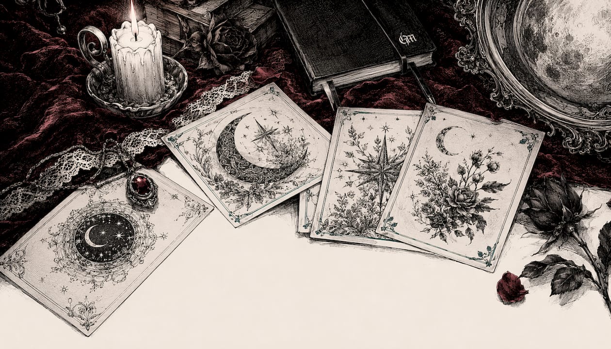 Close-up pen and ink woodcut prints with gothic motifs