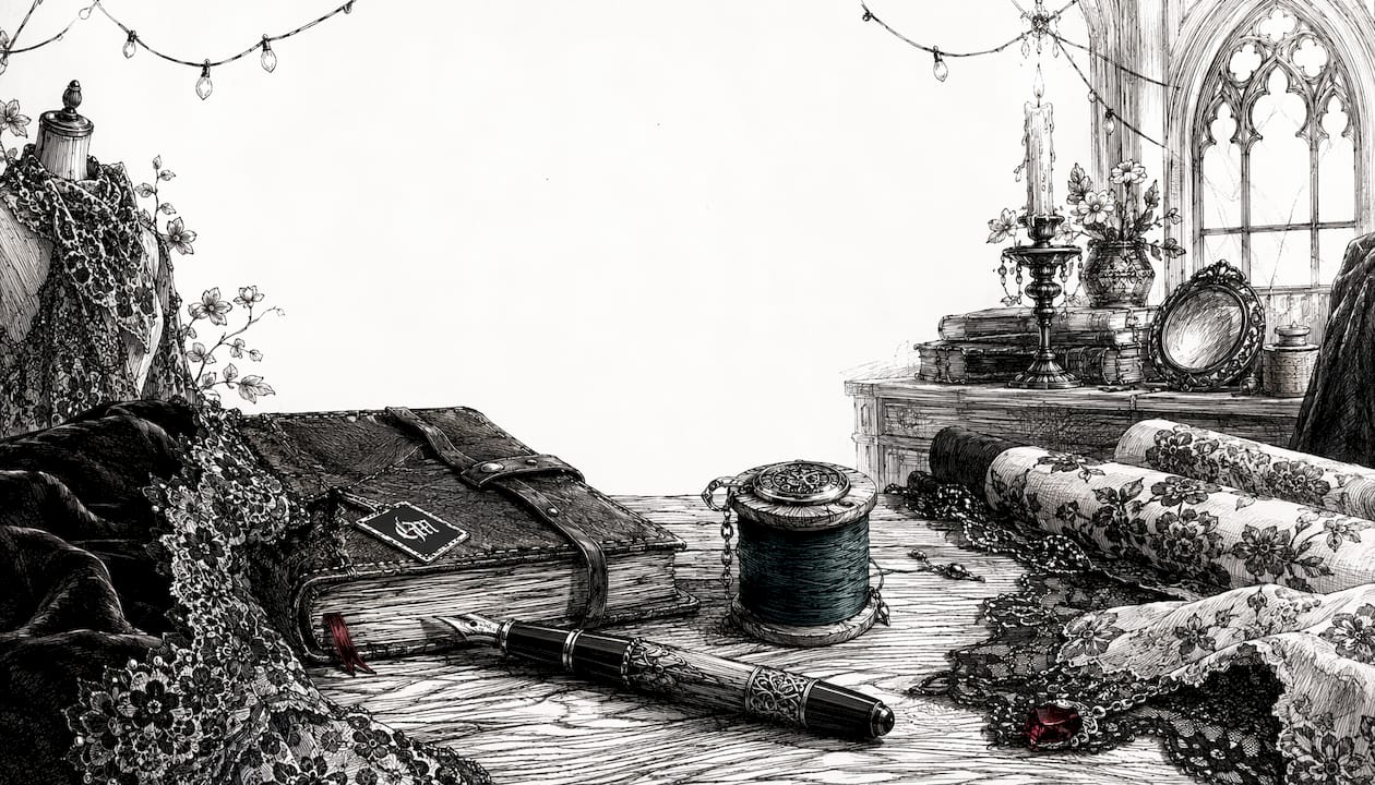 Pen and ink sketch of dark folk art textile tools on desk