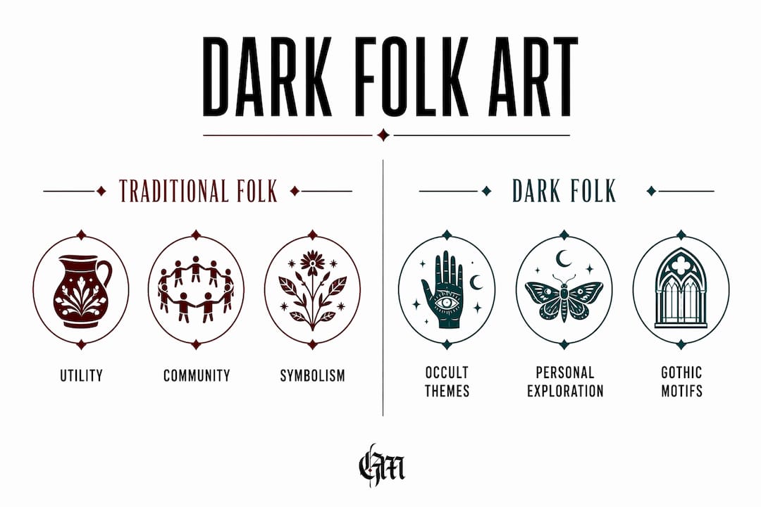 Infographic comparing traditional and dark folk art characteristics